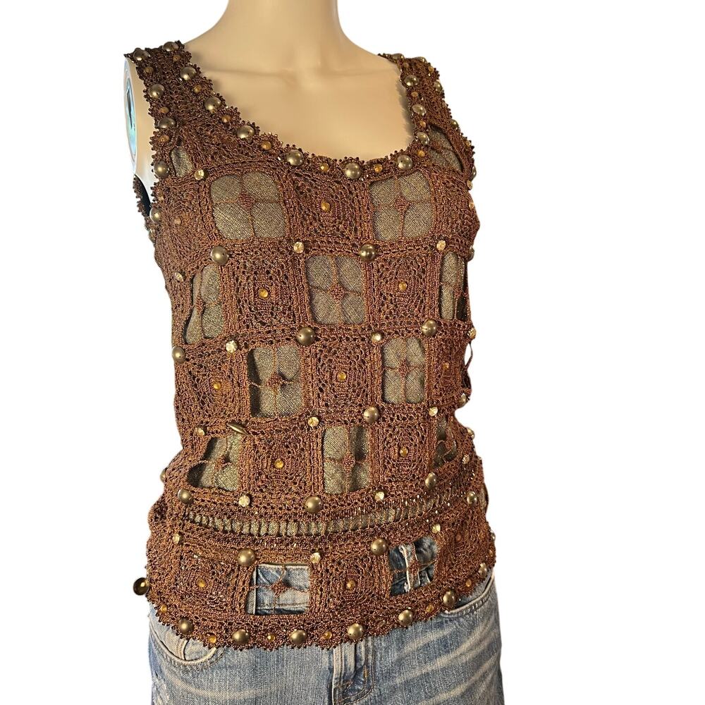 NWT $568 Rare y2k Hidy N.G. Brown Metallic Crochet Stud Overlay Top Size M